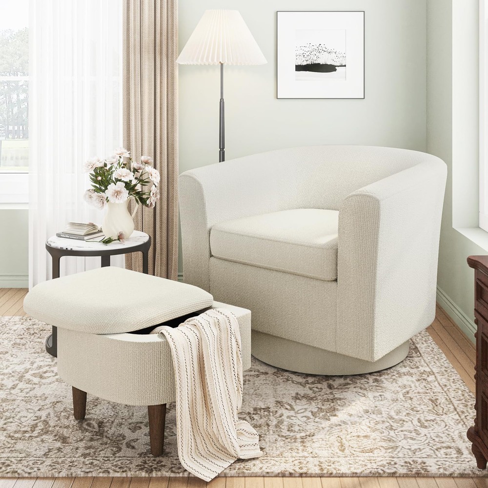 Modern Upholstered Swivel Barrel Accent Chair with Ottoman for Living Room