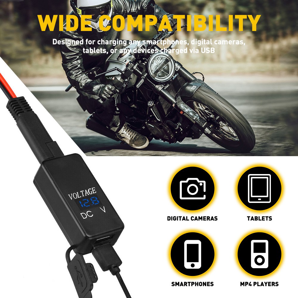 USB Motorcycle SAE to Cable Adapter with Dual Charger and LED Voltmeter