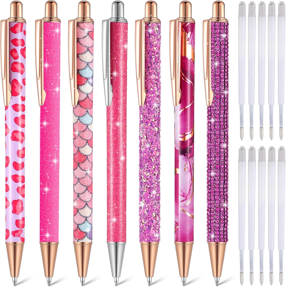 7 Pcs Fancy Pens for Women Cute Sparkly Glitter Pens with 10 Pcs Black Ink Refil