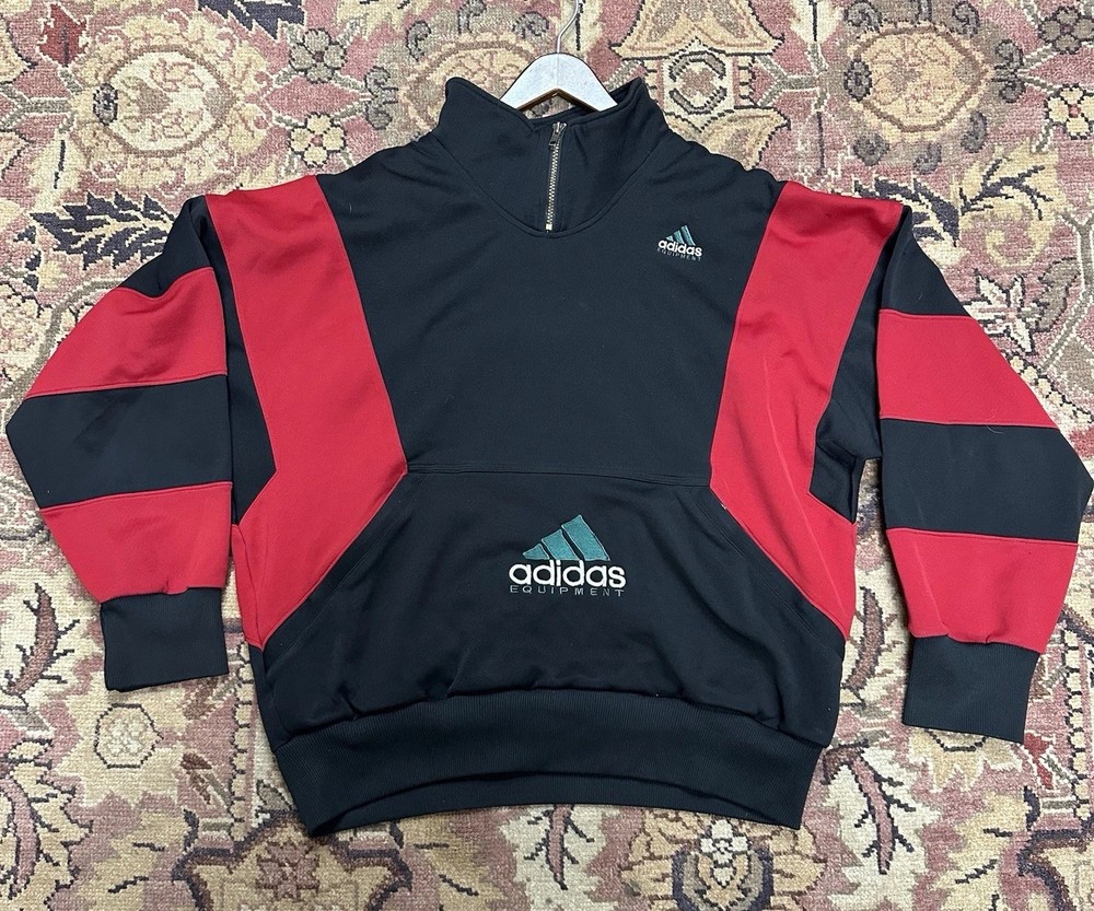 VTG Adidas Equipment Men Large 1/4 Zip Pullover Embroidered Sweatshirt Black Red