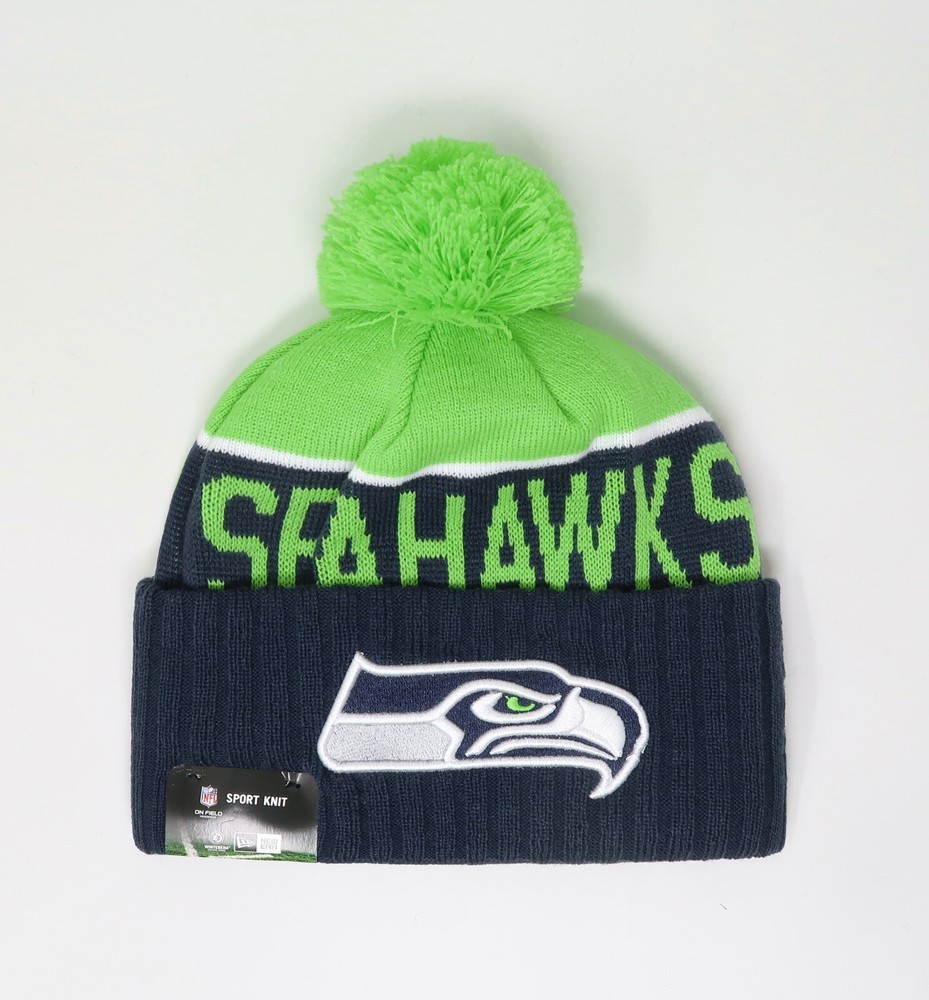 New Era Men Women Beanie NFL Seattle Seahawks Navy Green w/ Lining Pom Knit Hat