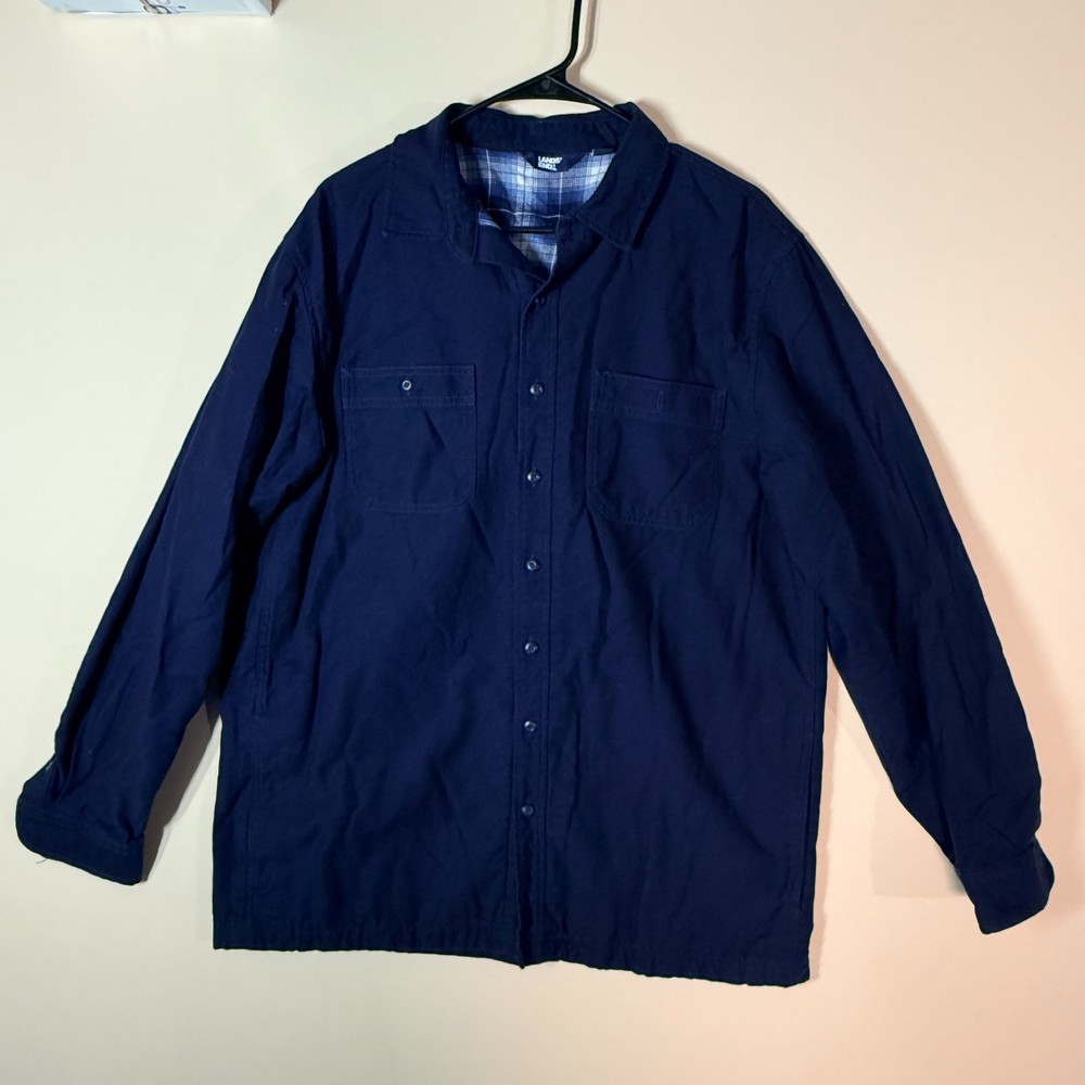 Lands End Blue Flannel Lined Button Up Shirt Jacket Blue Men's Size Large Tall