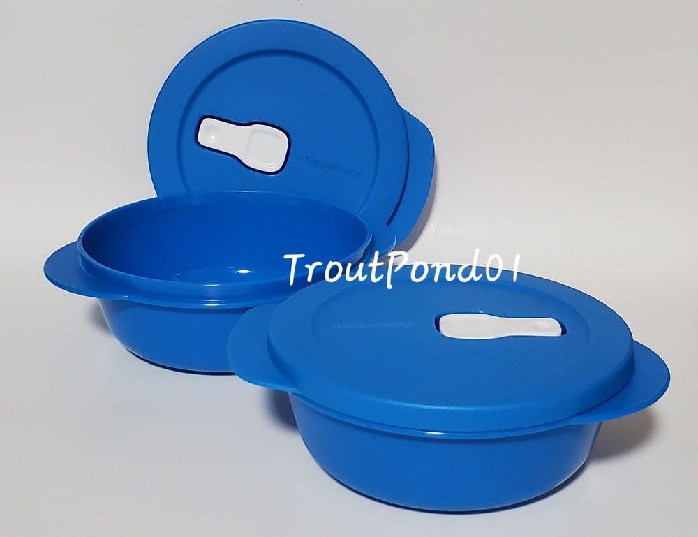 Tupperware Crystalwave Microwave Bowl Set 2 Round Container 2.5 cups Basic Blue