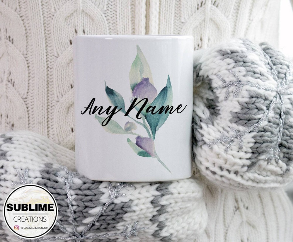 Personalised Watercolour Flowers Flower Stem Mug Custom Name Coffee Tea Hot