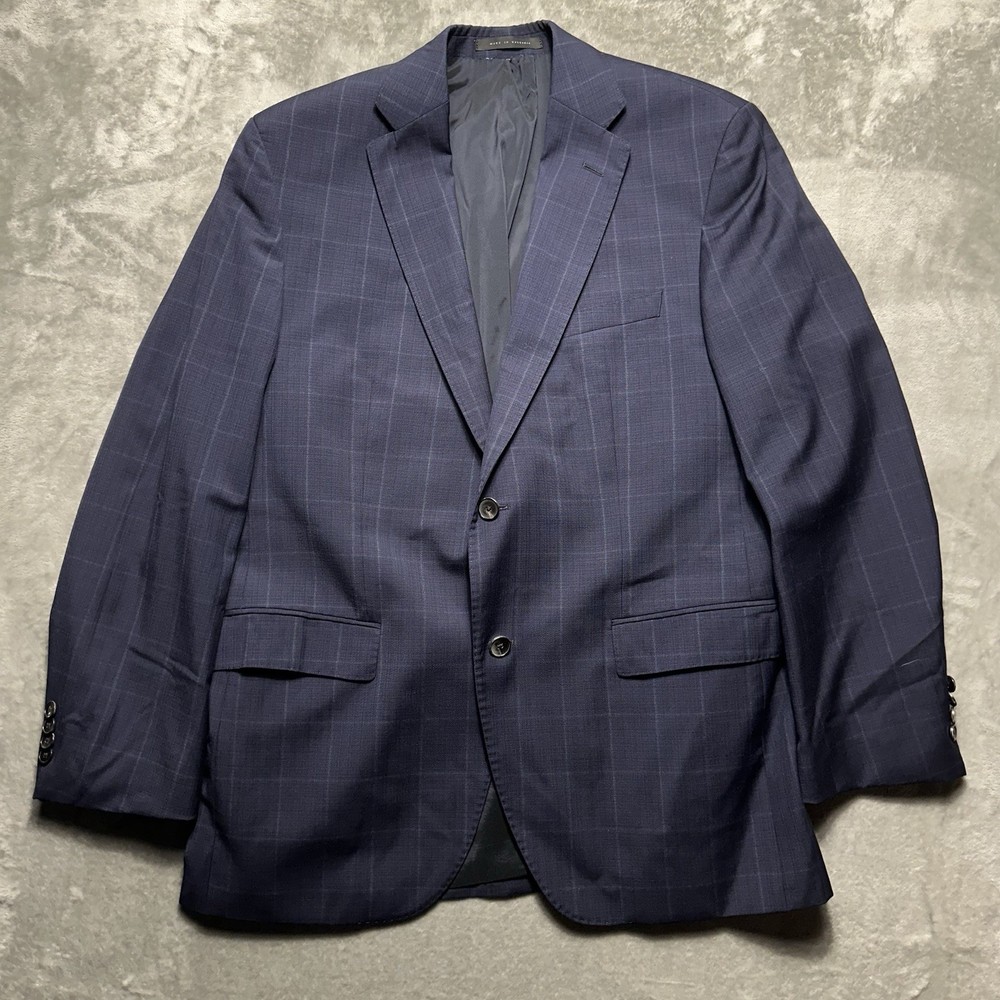 Hugo Boss Blazer Mens 44R Navy Plaid Windowpane Two Button Reda Wool Jacket