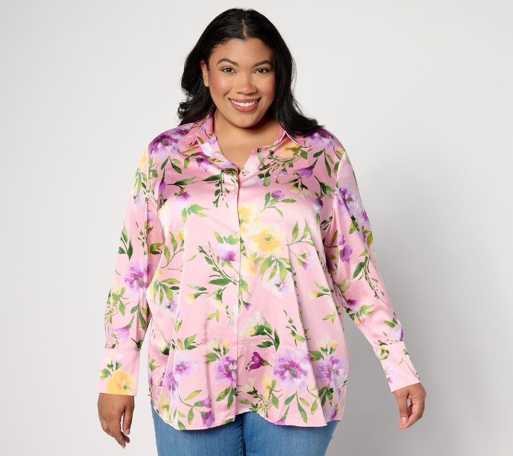 Susan Graver Women's Top Sz L Printed Charmeuse Tunic Pink A659703