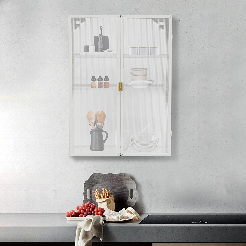 Wall cabinet with double glass doors and adjustable shelves for kitchen storage