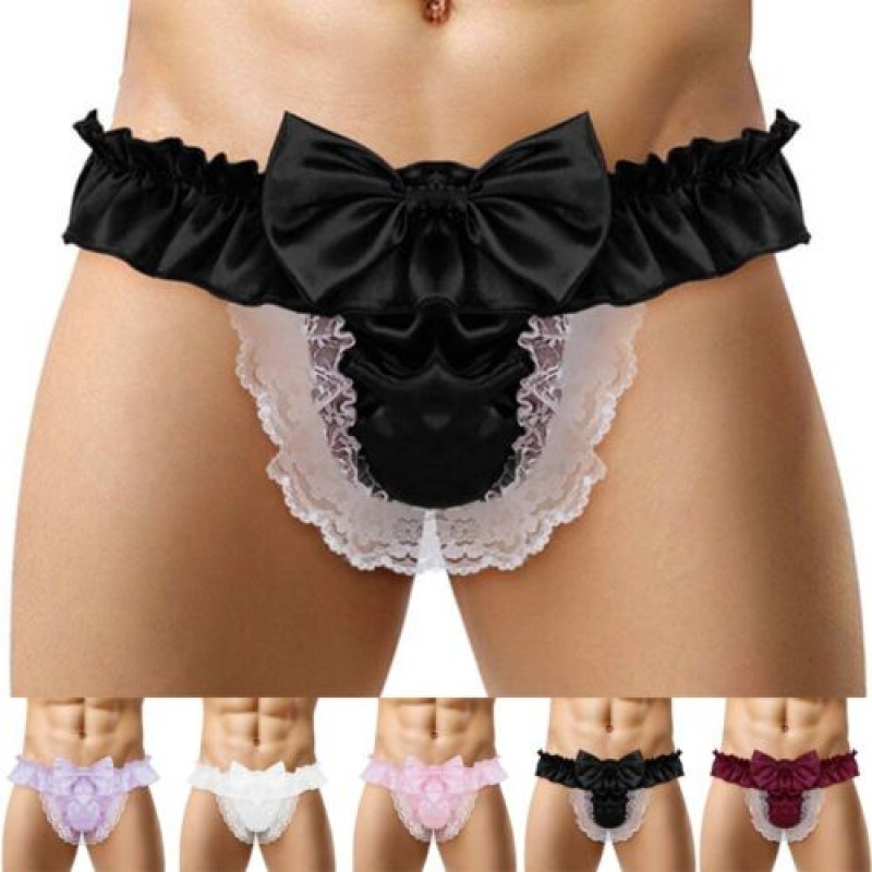 Sissy Men Satin Lingerie Lace Thongs G String Panties Bikini Briefs Underwear