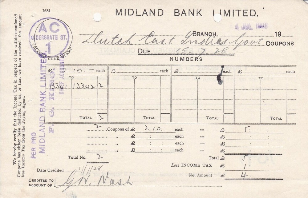 MIDLAND BANK LIMITED 1928 Dutch East Indies Govt. Coupons/Divid Receipt Rf 45988