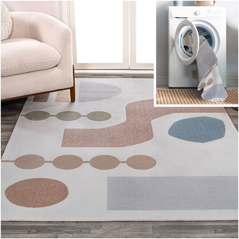 Jonathan Y Washable 4x6 Off White Abstract Polyester Area Rug