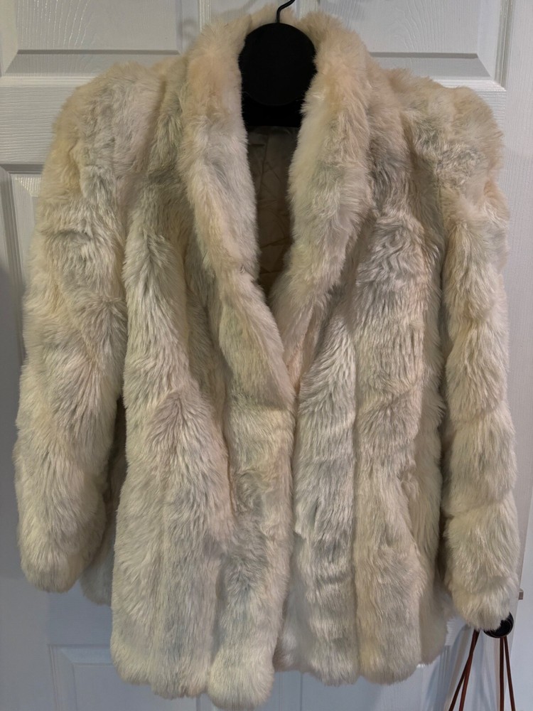 Vintage Olympia White Faux Fur Coat Women Size Large 1980s Retro Style