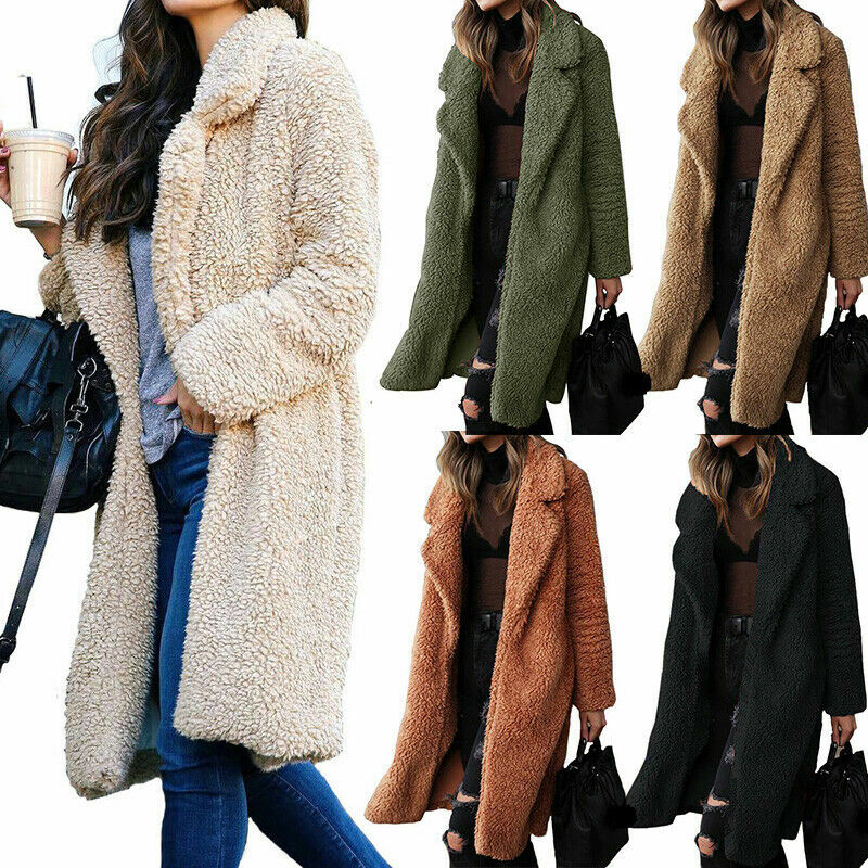 Women's Winter Warm Teddy Bear Coat Fluffy Jacket Faux Fur Long Cardigan Outwear