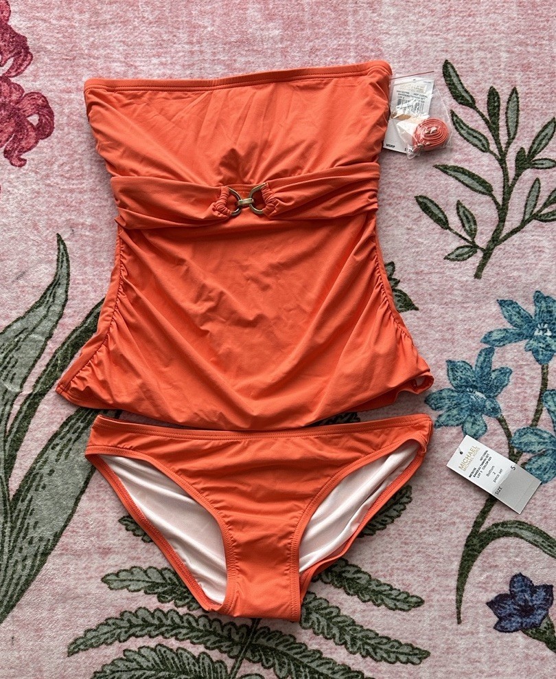 Michael Michael Kors Coral Strapless Tankini Bikini Set Gold Hardware S