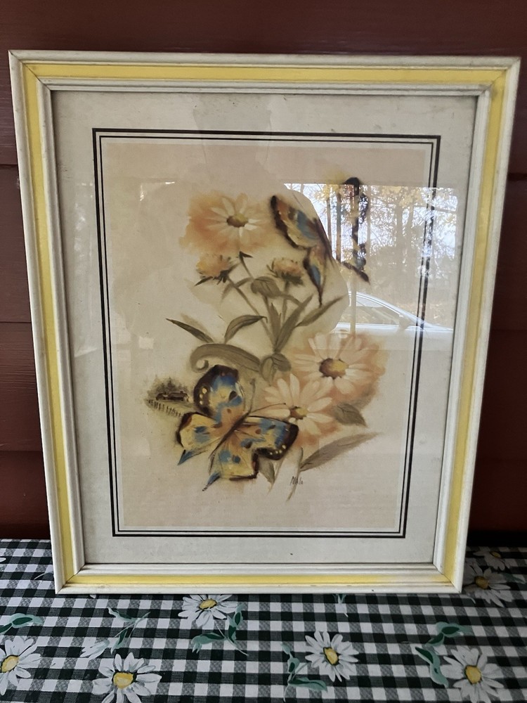Vintage Butterflies Watercolor Art Print, Framed, Signed Malo, 18