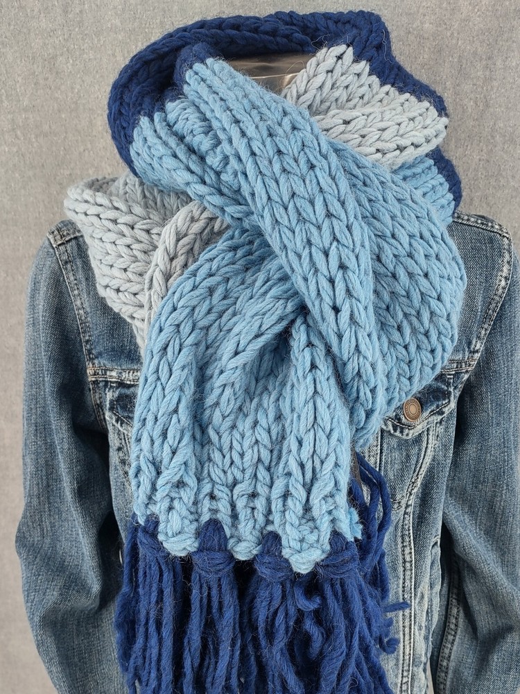 Bohemian Womens Blue Striped Alpaca Wool Scarf 11x43 Chunky Knit Italy