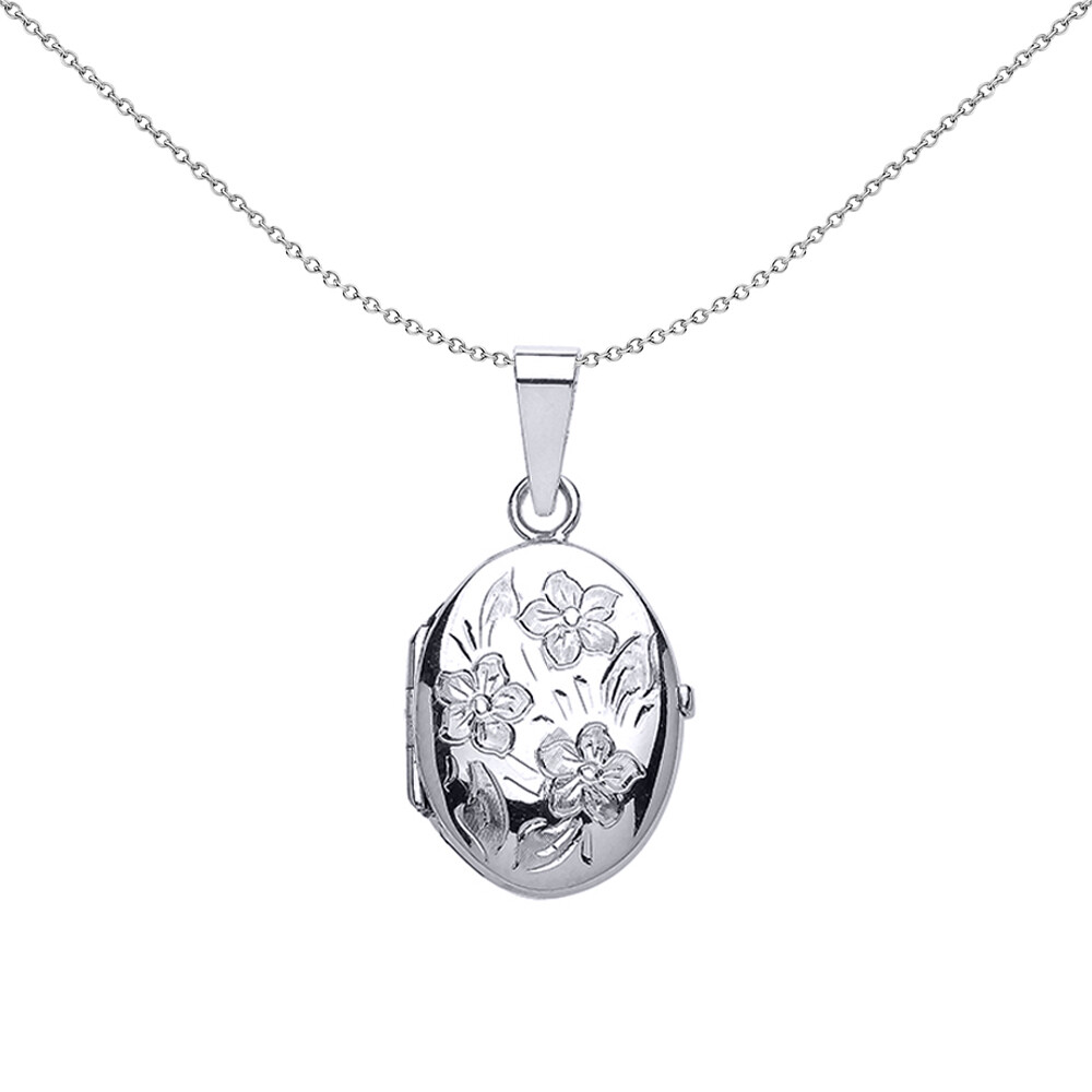 Silver Jewelco London Oval Flowers Locket Necklace 18 inch