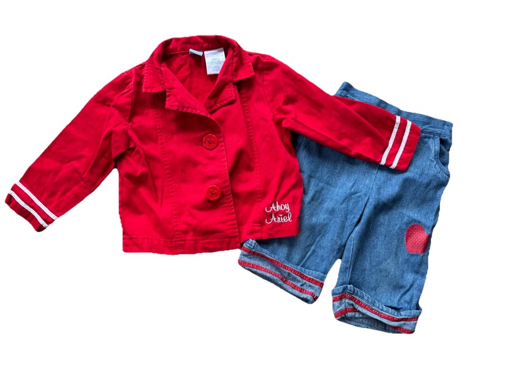 Vintage Disney Outfit- Girl's Ahoy Ariel Red Button Up Jacket & Pants- Size 24mo