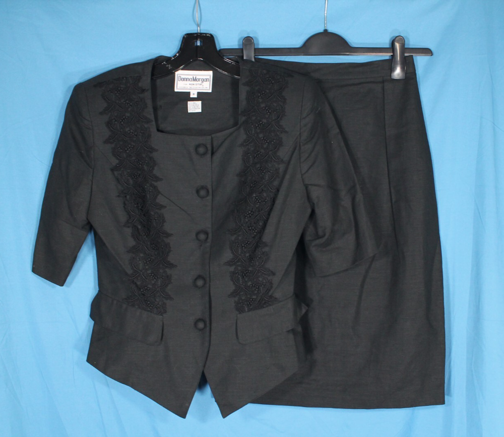 Donna Morgan Black Linen Blend Floral Lace Jacket and Skirt Outfit Set Size 8