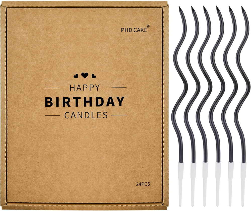 PHD CAKE 24-Count Black Spiral Long Thin Birthday Candles, Cake Candles, Birthda