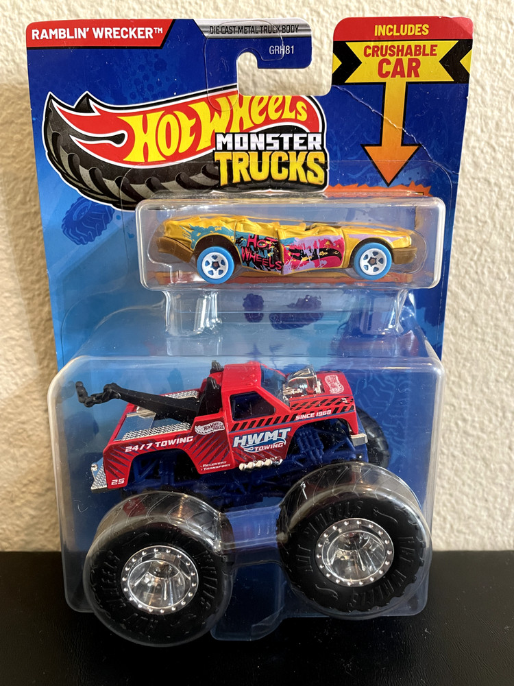 Hot Wheels Monster Trucks Red Ramblin' Wrecker with Crushable Car, Unopened, New
