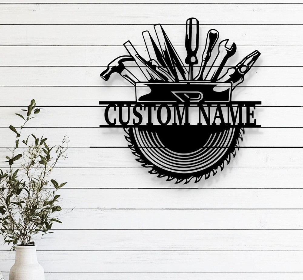 Personalised Workshop / Carpenter Metal Wall Art – Custom Name Sign (Bare Steel)