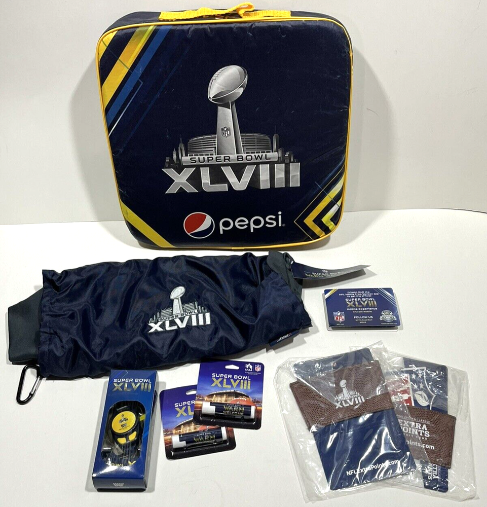 2014 NFL Super Bowl XLVIII (48) Warm Welcome Seat Cushion Memorabilia 8pc Bundle