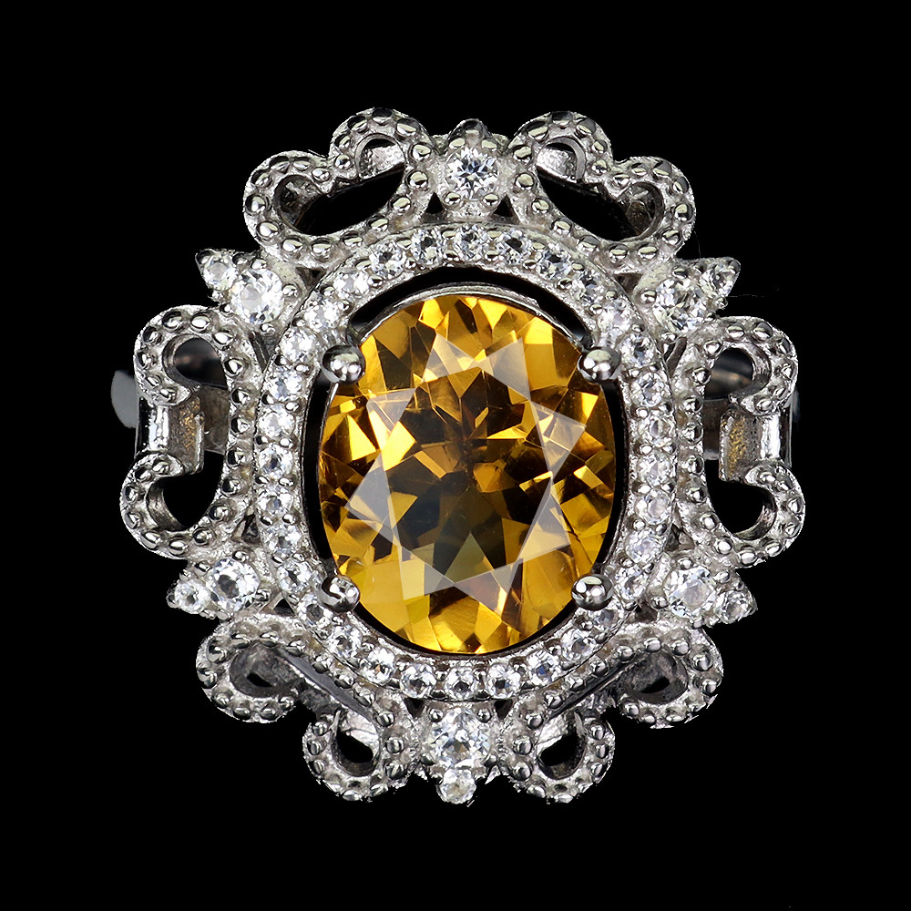 925 Sterling Silver Oval Citrine & White Topaz Ring Size 7 Jewelry