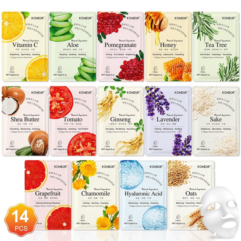 KONEUK 14-Pack Hydrating Sheet Face Masks for All Skin Types