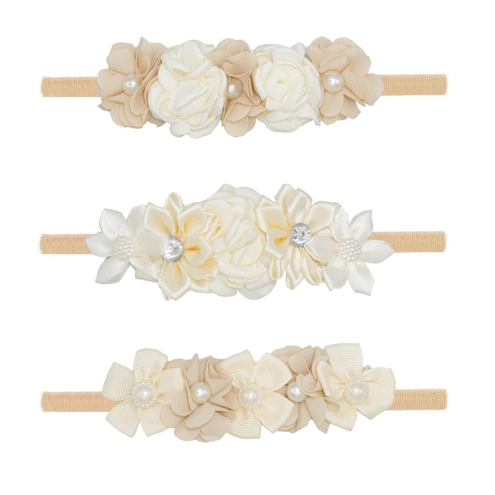 Baby Girl Floral Headbands 3-Pack Soft Nylon Hair Accessories for Newborns