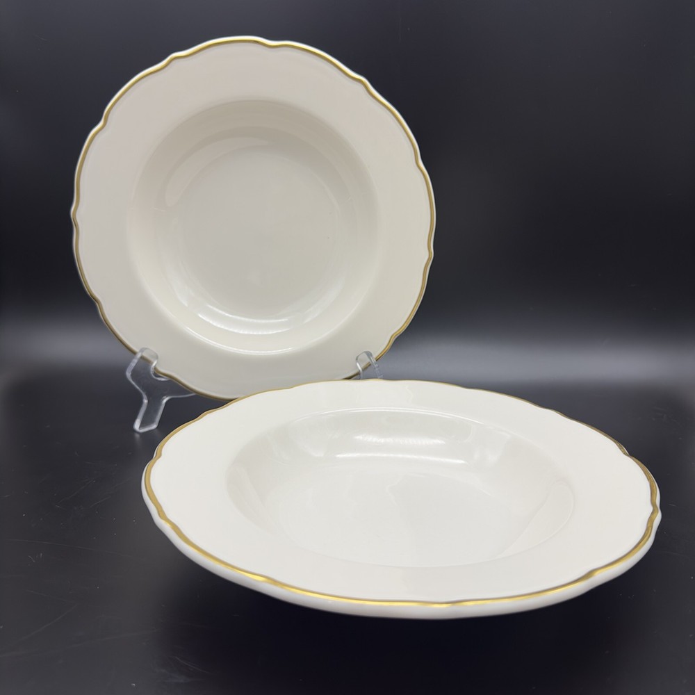 2 Vtg Syracuse China 9” Soup Salad Bowls Gold Trim Scalloped Restaurant Ware EUC
