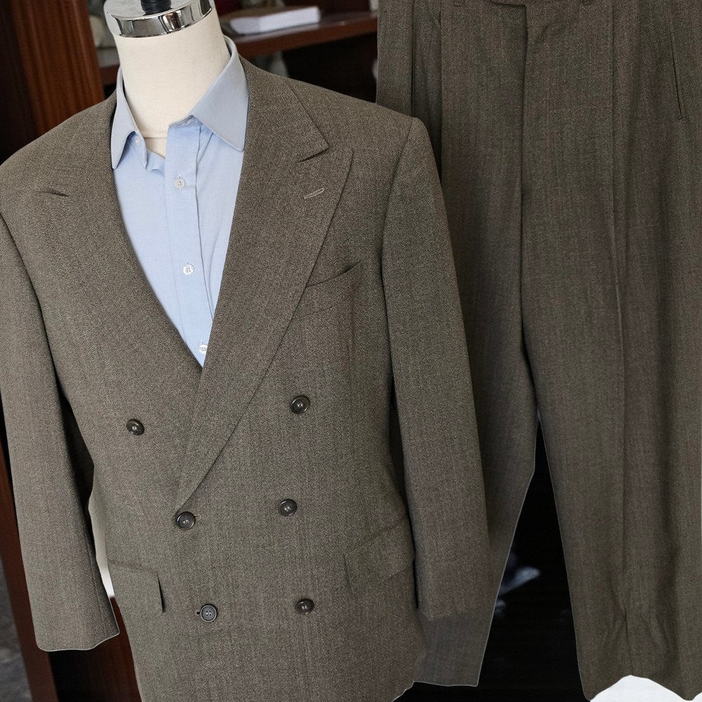 Vtg 90s Double Breasted Suit 42L 34x31 Canvassed Peak Lapel Wool Custom Tailored