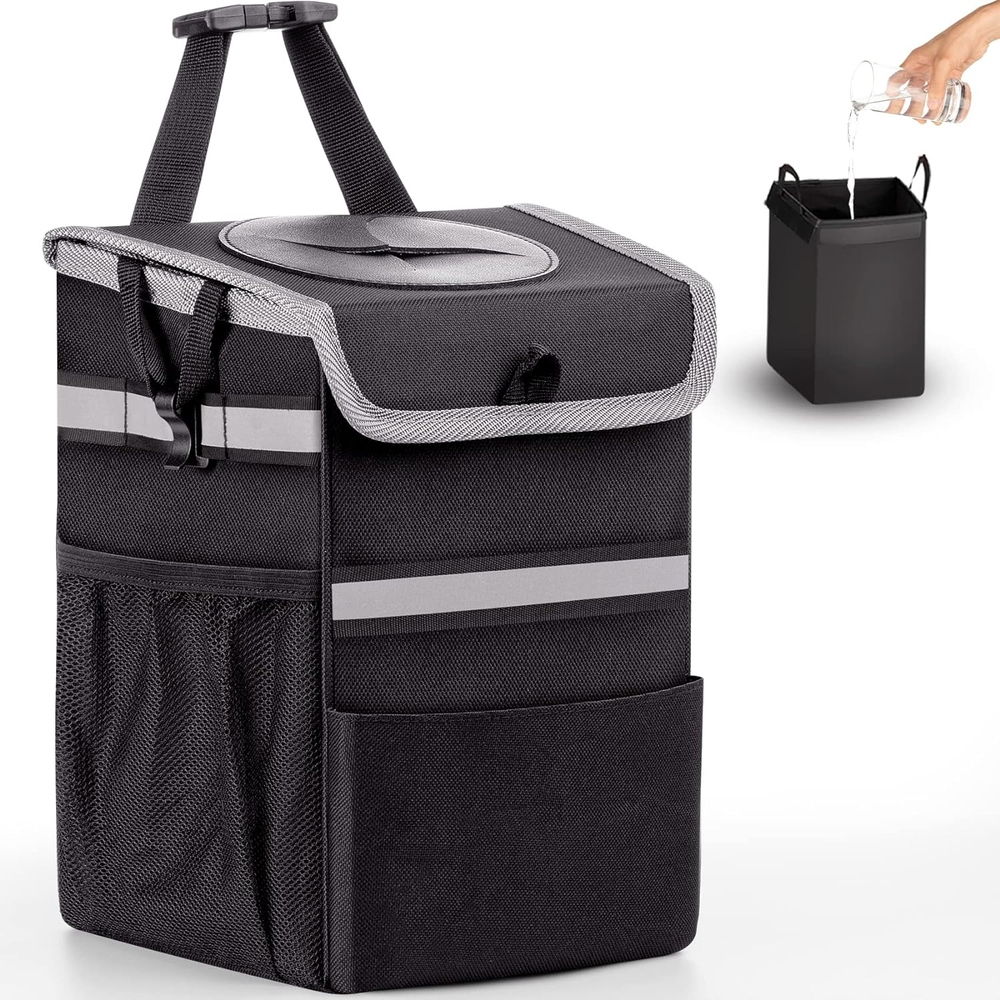 Car Trash Can with Lid and Storage Pockets,2-Gal Large Capacity Multipurpose Car