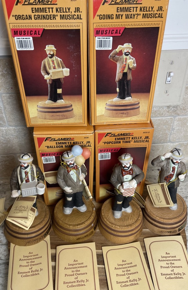 Brand New 1990 Full Emmett Kelly Musical Series Set-Lot- 4 Flambro New!