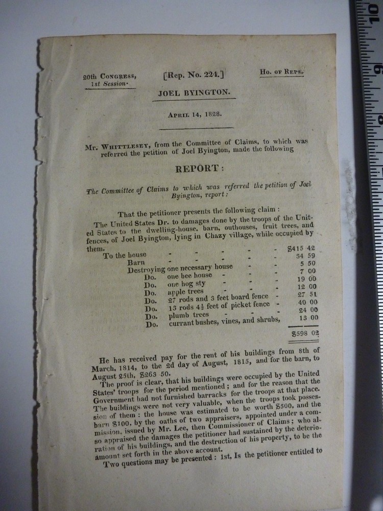 Government Report 1828 Committee Of Claims Compensation of property 1812. #3027