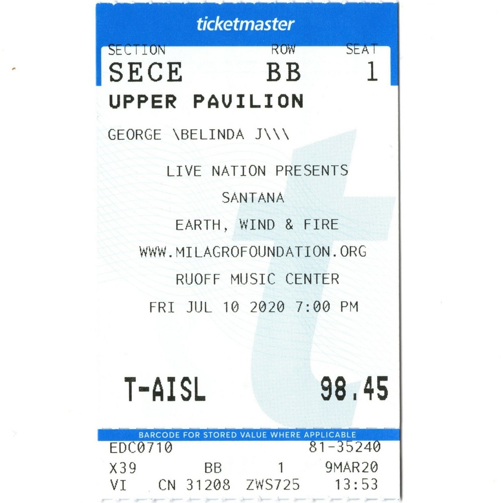 SANTANA and EARTH WIND & FIRE Concert Ticket Stub NOBLESVILLE IN 7/10/20 Rare