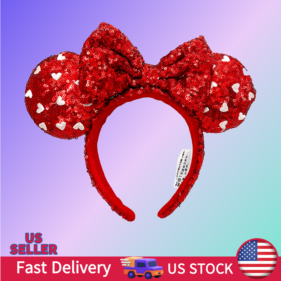 Headband Disney-Parks Valentines Day Heart  Red Sequin Bow Ear Minnie NWT lovely