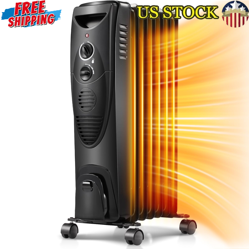 Electric Oil Filled Radiator Heater with Adjustable Thermostat 3 Heat Settings