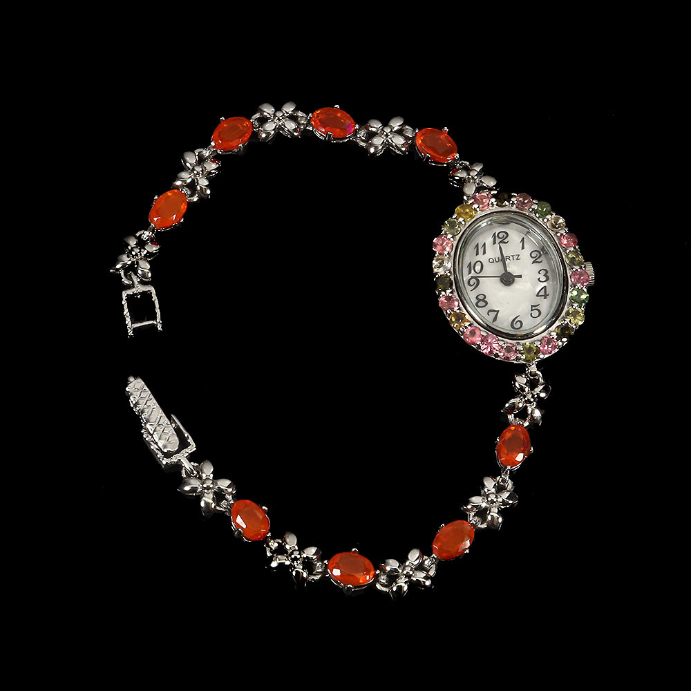 Valentine 925 Silver Watch Oval Orange Opal Tourmaline Dial Mop Gemstone 7.5in