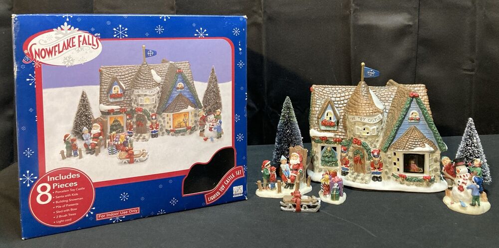 Snowflake Falls 8 Piece Porcelain Toy Castle Set Christmas Village Decor No Bulb