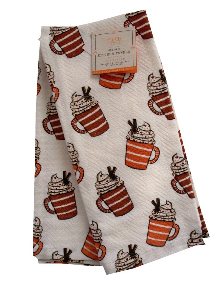2 Pc. Kitchen Towel Set Mugs of Pumpkin Spice Coffee Latte Hot Chocolate