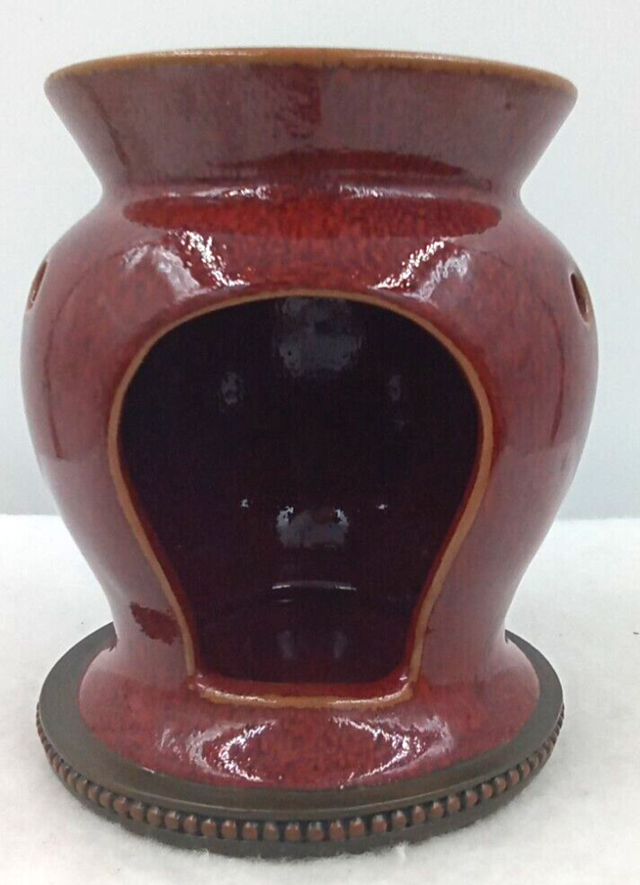 PartyLite Burgundy Red Stud Trim Stoneware Candle Warmer with Felt Bottom