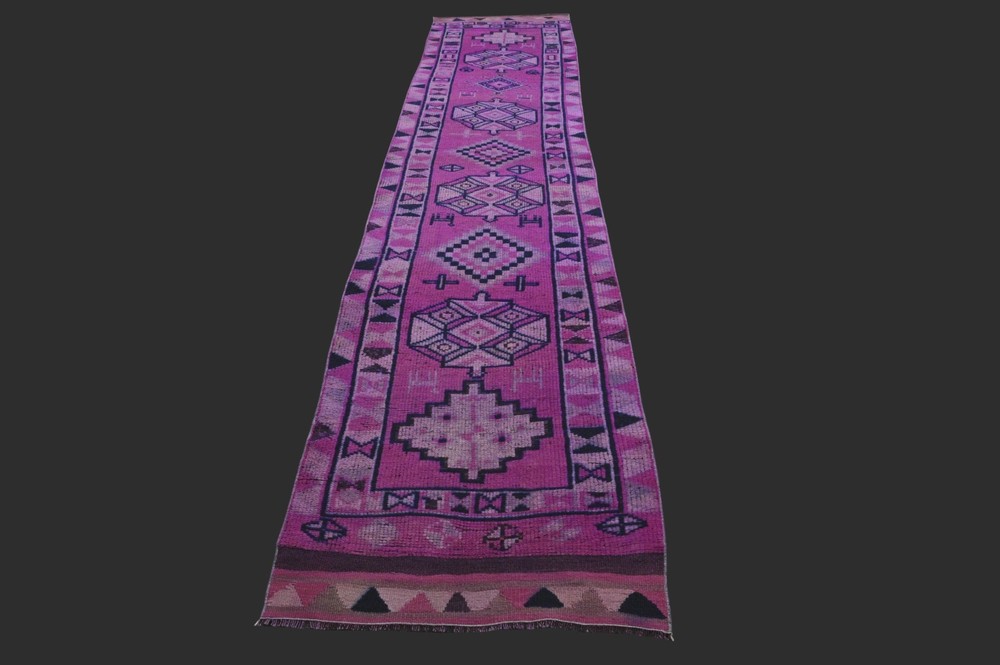 Vintage 3x13 Turkish Oushak Runner Rug Handmade Anatolian Boho Kilim PINK
