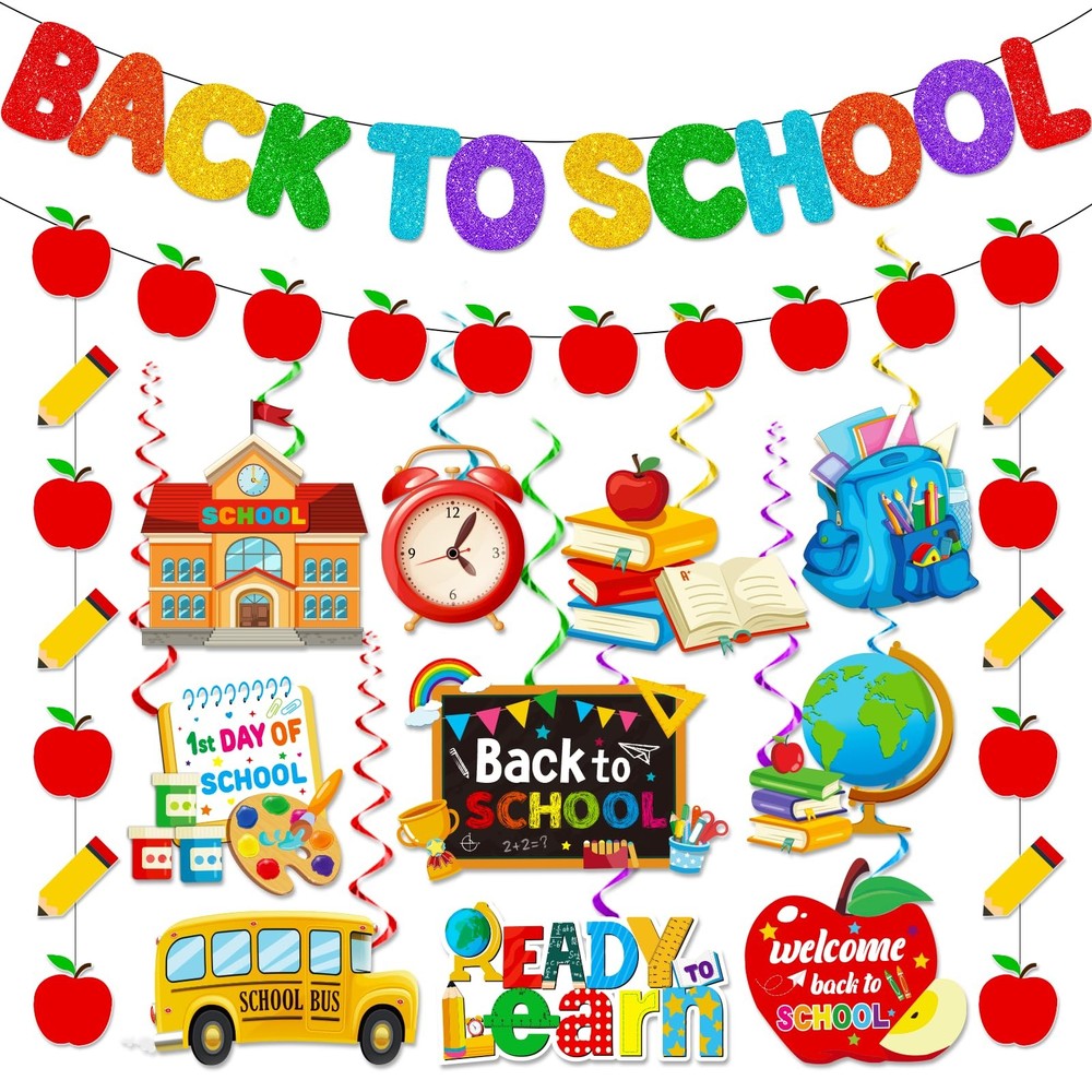 Back to School Decorations Banner,Back to School Banner and Apple Pencil Garl...-image