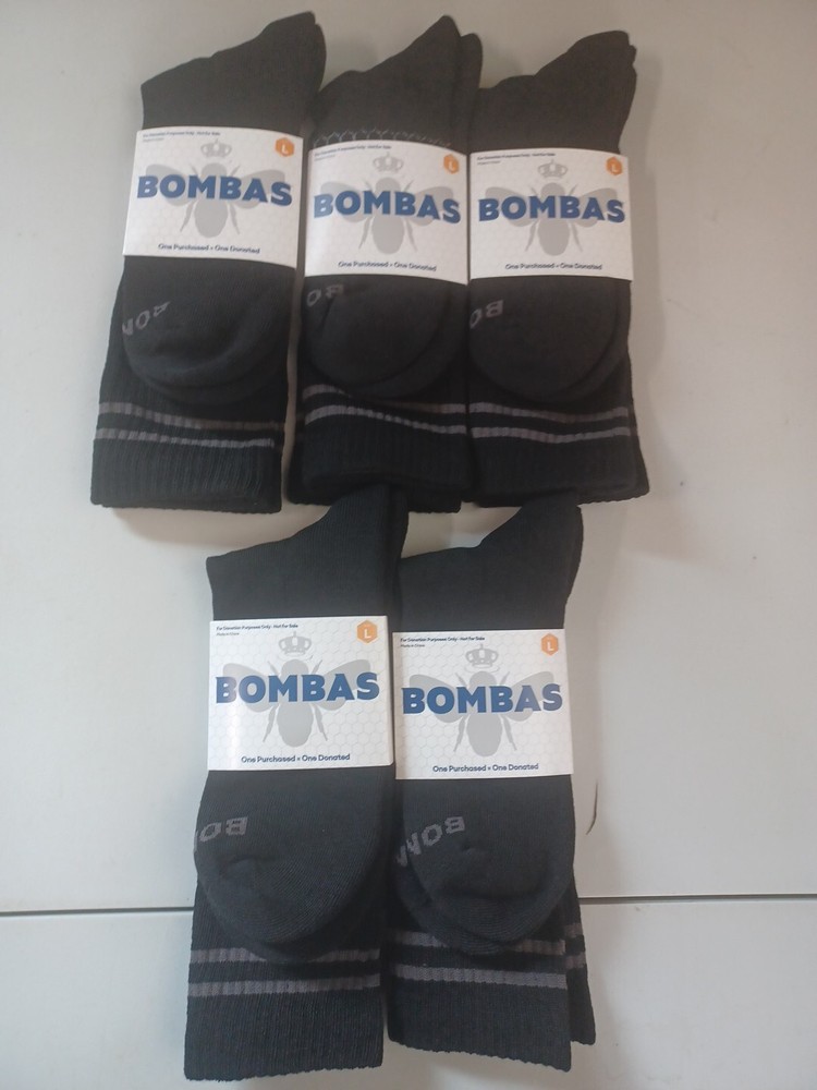 5 Pairs Bombas Men’s Black Crew Socks Size Large 9.5-13 Honeycomb Arch Support NWT