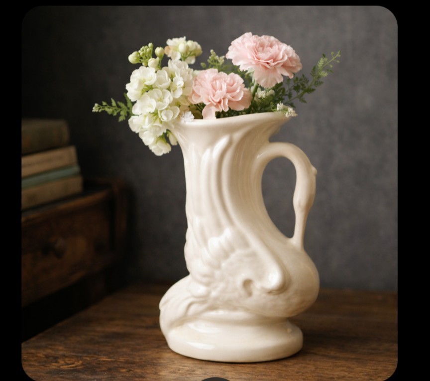 Vintage White Ceramic Swan Vase Mid Century Bird Planter Pitcher Style