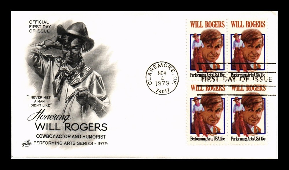 Dr Jim Stamps US First Day Cover Block 15c Will Rogers ArtCraft Cachet