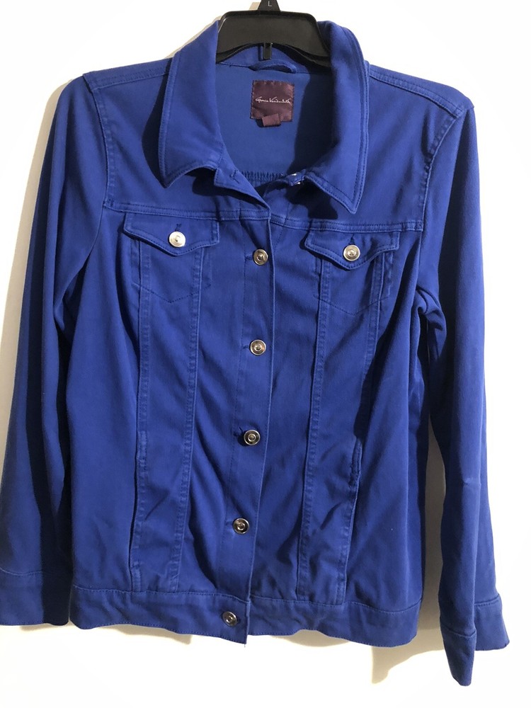 Gloria Vanderbilt oversized blue button-down jacket with classic style