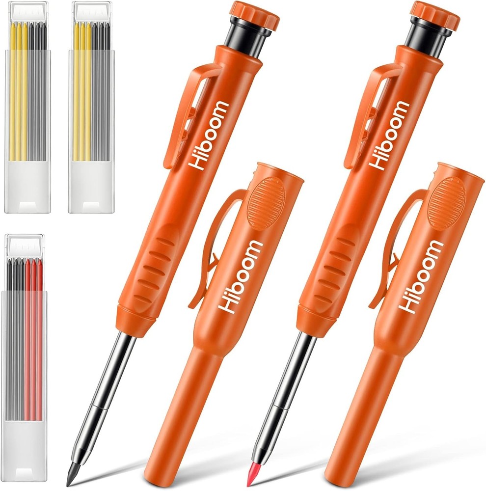 2 Pack Solid Carpenter Pencils with Pencil Cap and 18 Refills, Long Nose Deep