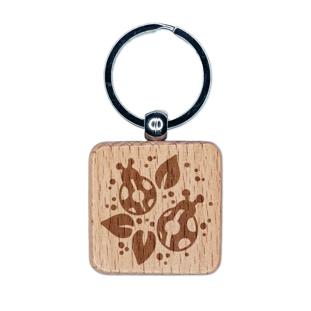 Ladybugs and Leaves Engraved Wood Square Keychain Tag Charm