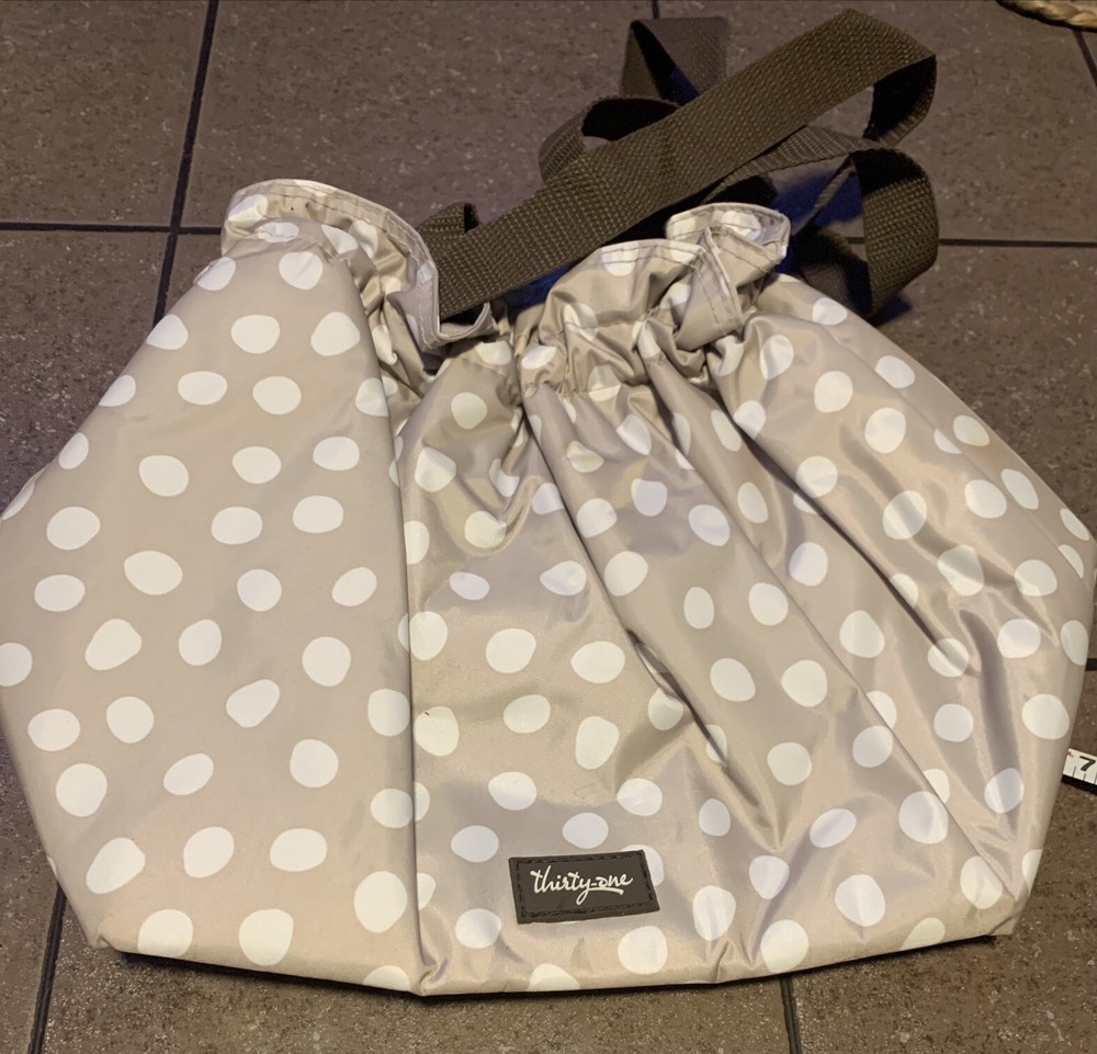 Thirty-One Insulated Lunch Bag Cinch Closure Beige And White Polka Dot 14x10x8
